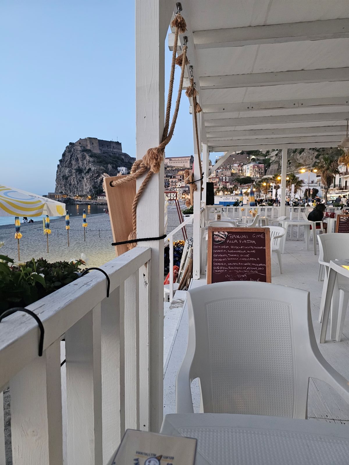 Scilla Beach with castle view from beach bar